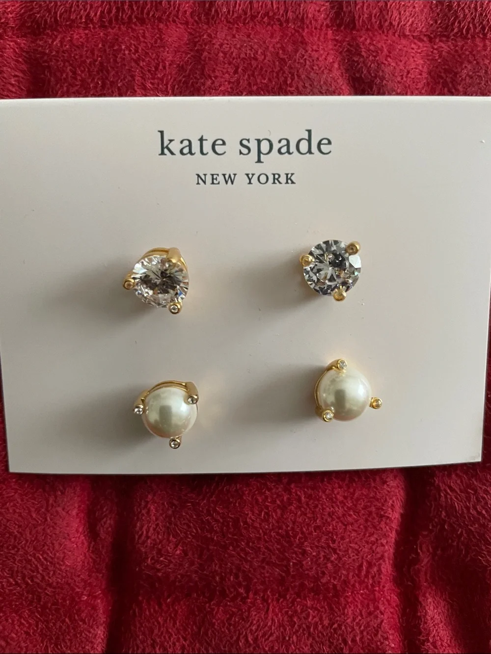 kate spade Gold Tone Pearl and Crystal Stud Earring Set NWT